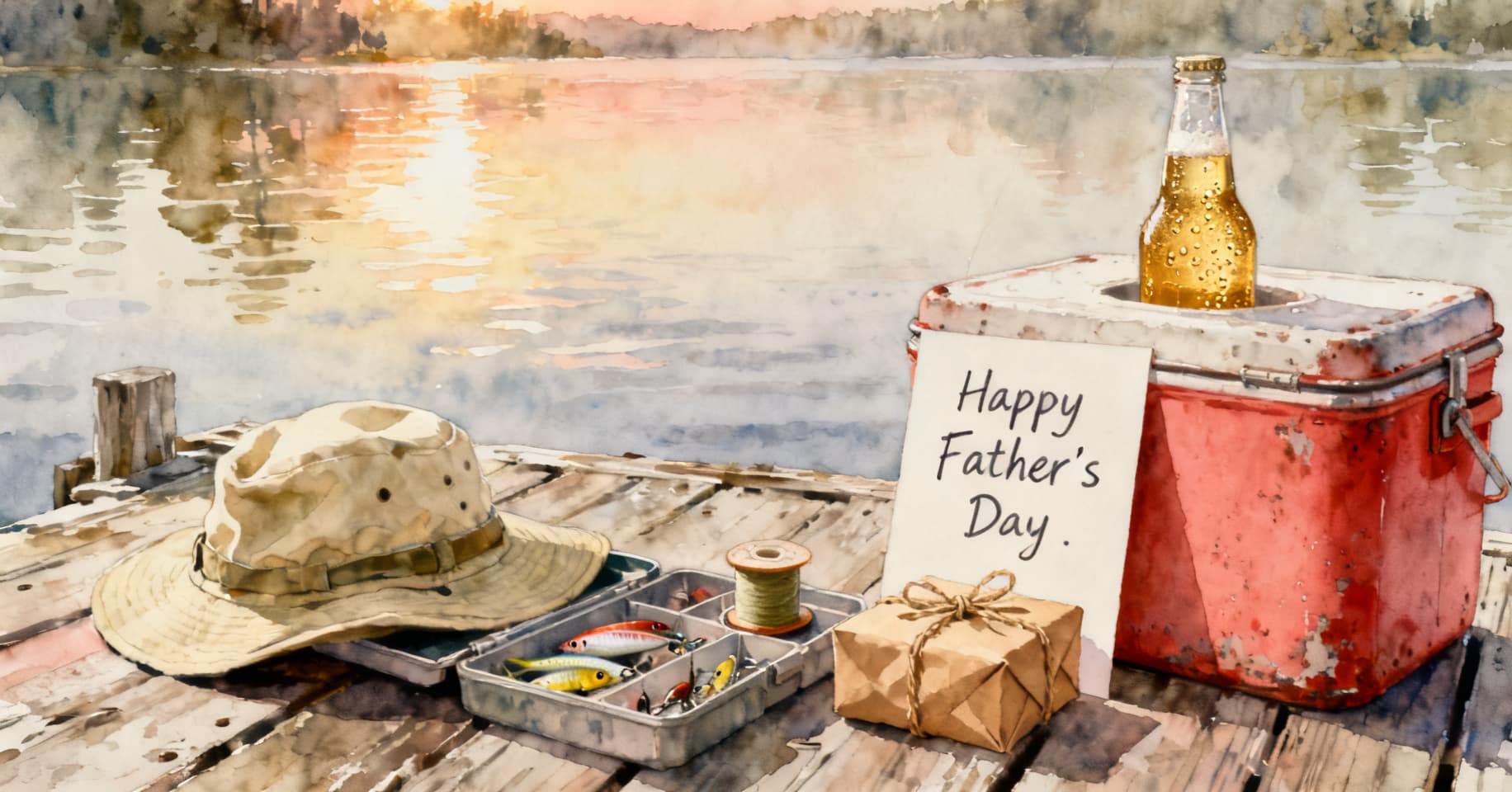 Painterly still life of a folded fishing hat, a tackle box, a wrapped gift, a handwritten Father's Day card, and a cooler with a cold beer on a weathered lake dock.