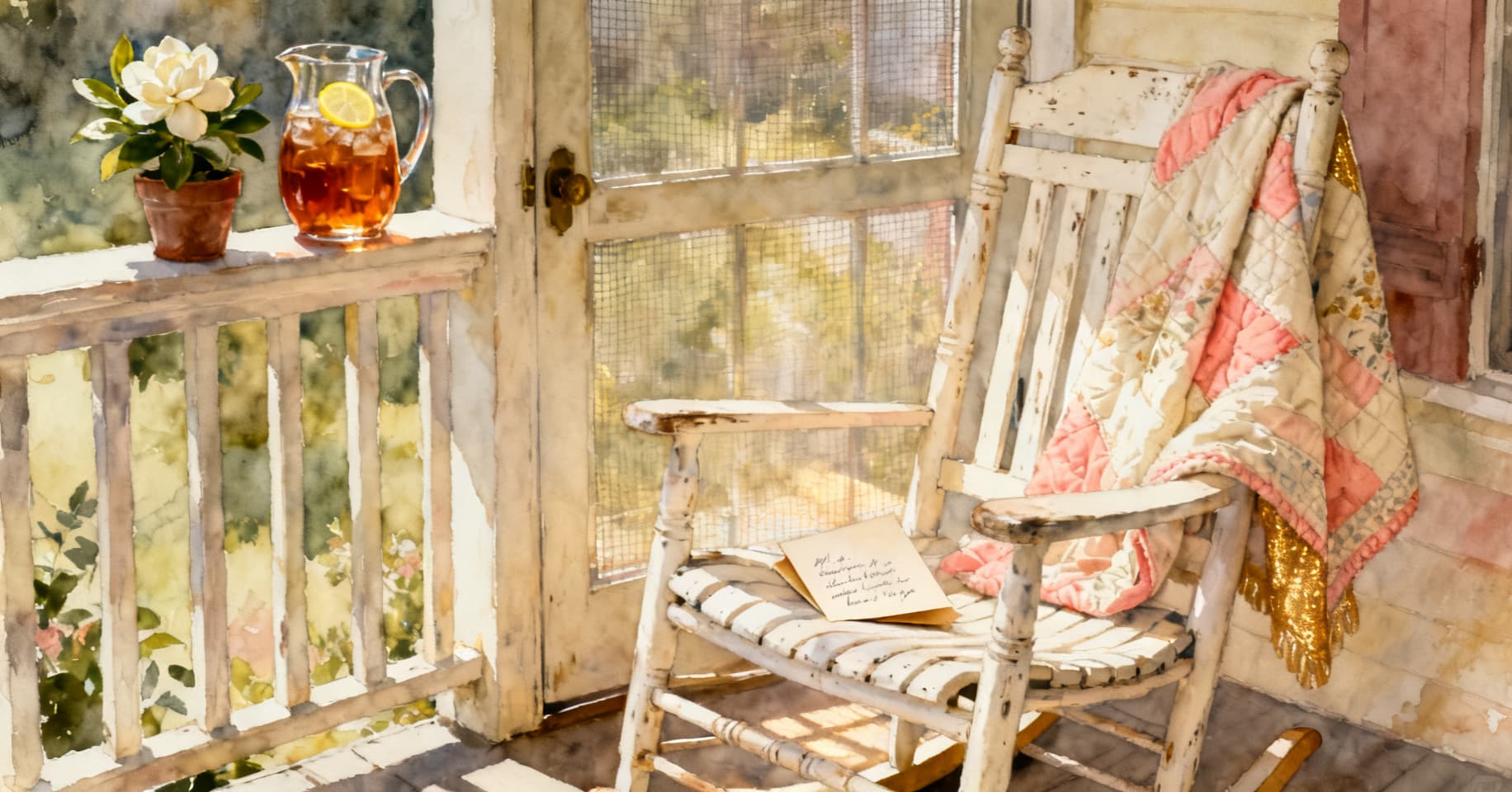 Painterly still life of a white rocking chair with a folded quilt, a glass pitcher of iced tea, a potted gardenia, and a handwritten card on a sunlit front porch.