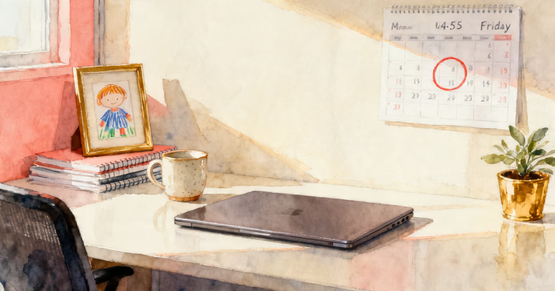 Painterly still life of a closed laptop, a ceramic mug, a framed child's crayon drawing, a wall calendar with a circled date, and a small potted plant on a manager's desk in late-afternoon light.