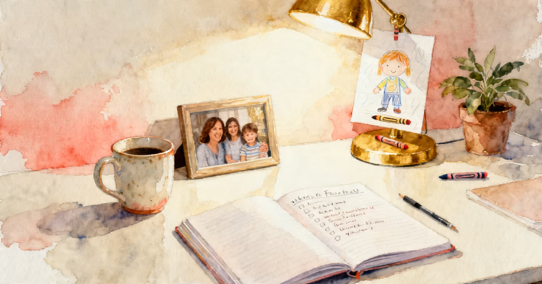 Painterly still life of a coffee mug, a small framed family photo, a notebook, a child's crayon drawing propped against a desk lamp, and a small potted plant on a sunlit office desk.