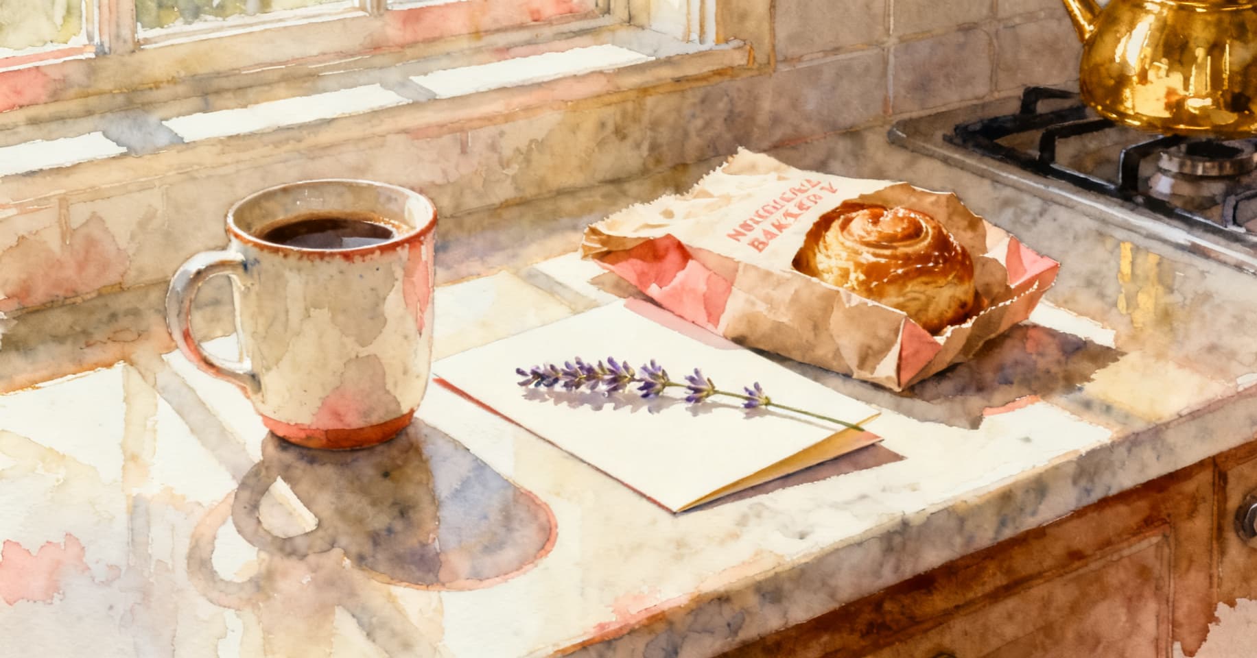 Painterly still life of a ceramic coffee mug, a folded card, a small bakery bag, and a sprig of lavender on a sunlit kitchen counter.