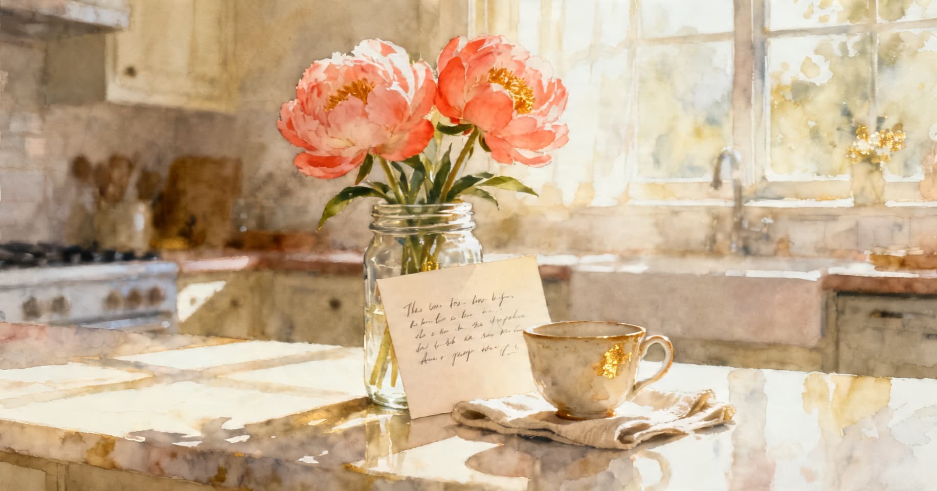 Painterly still life of pink peonies in a mason jar, a handwritten Mother's Day card, and a single teacup on a sunlit kitchen counter.