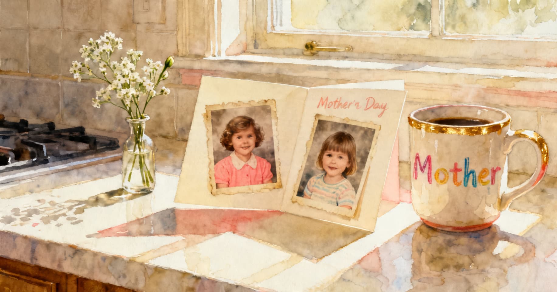 Painterly still life of two old childhood photos tucked into a Mother's Day card next to a child-named coffee mug and a sprig of baby's breath on a sunlit counter.