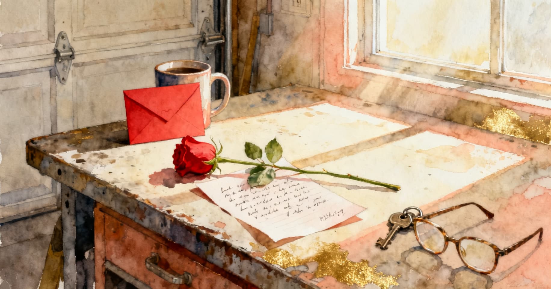 Painterly still life of a red envelope card, a single red rose, a folded handwritten note, and a coffee mug on a garage workbench.