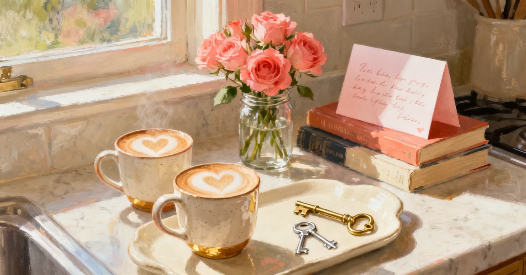 Painterly still life of two lattes with heart foam, a small jar of pink roses, a handwritten card, and a pair of keys on a sunlit kitchen counter.