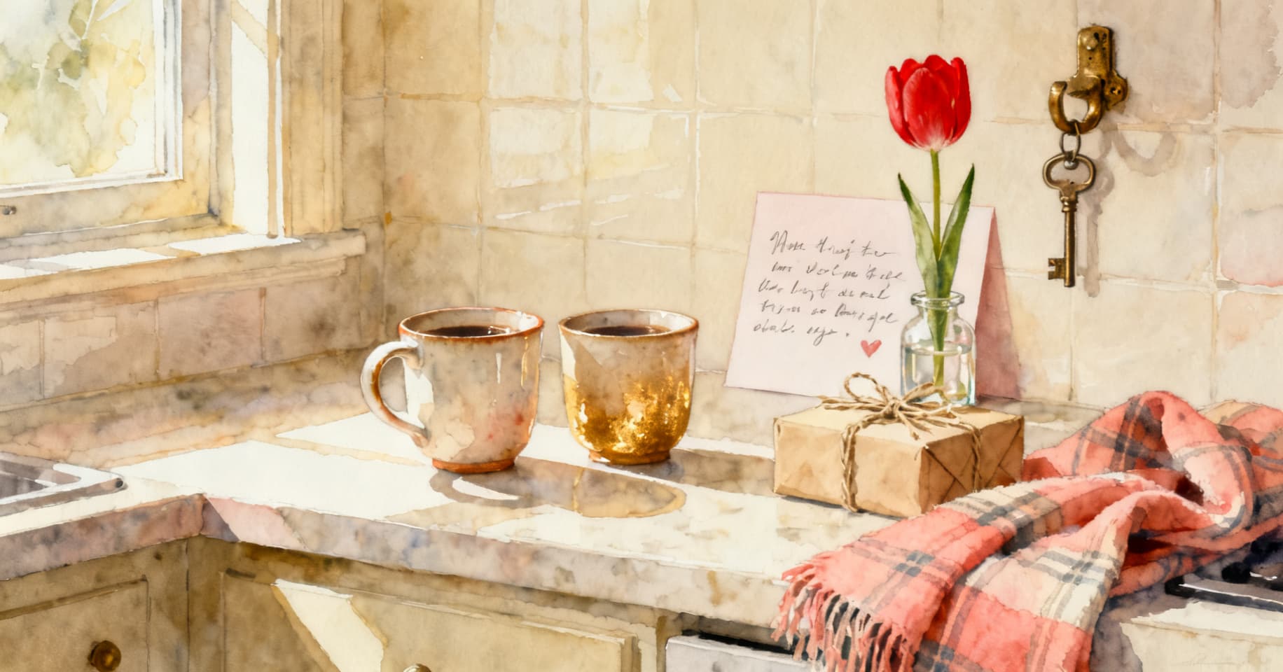 Painterly still life of two coffee mugs, a rumpled plaid scarf, a small wrapped gift, a handwritten card, and red tulips on a sunlit kitchen counter.