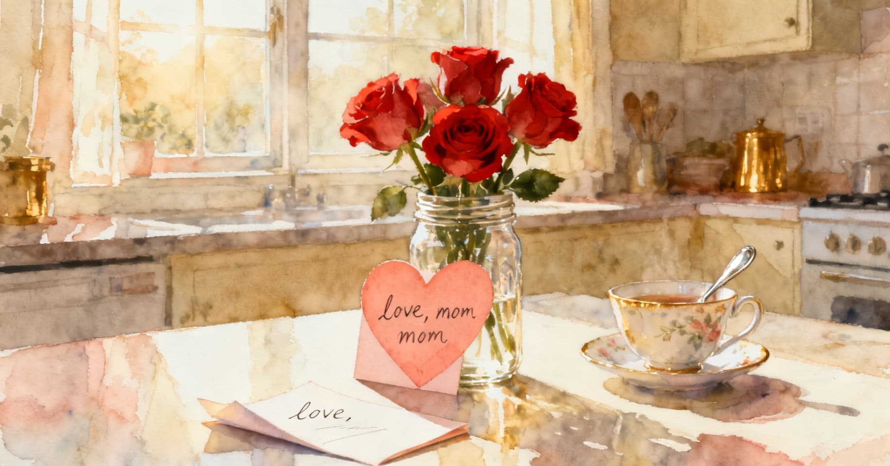 Painterly still life of red roses in a mason jar, a handwritten heart-shaped card, a porcelain teacup, and a folded note on a sunlit kitchen table.