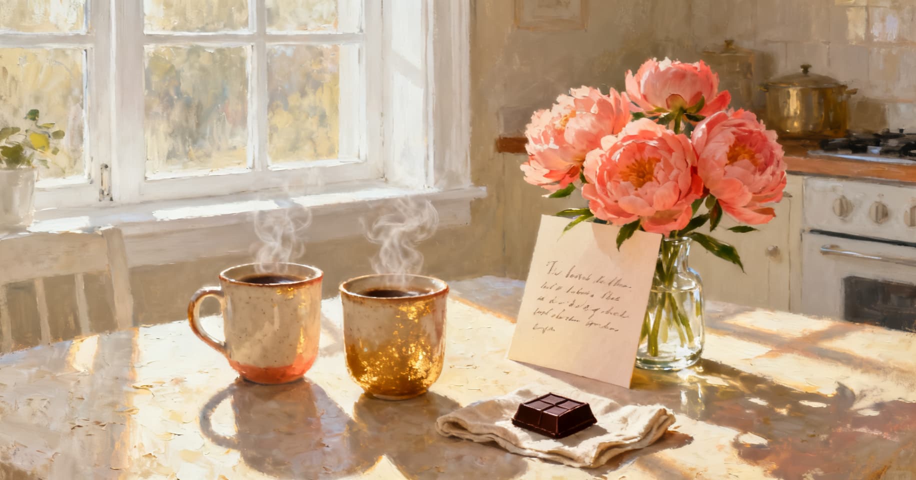 Still life of two coffee mugs, a folded handwritten card, and a glass vase of pink peonies on a sunlit kitchen table in warm cream and coral light.