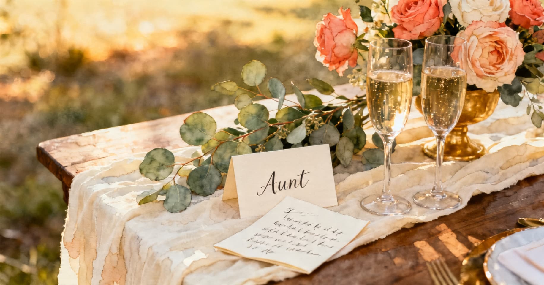 Painterly still life of a cream linen wedding reception table with eucalyptus, garden roses, two champagne coupes, and a folded handwritten toast card.
