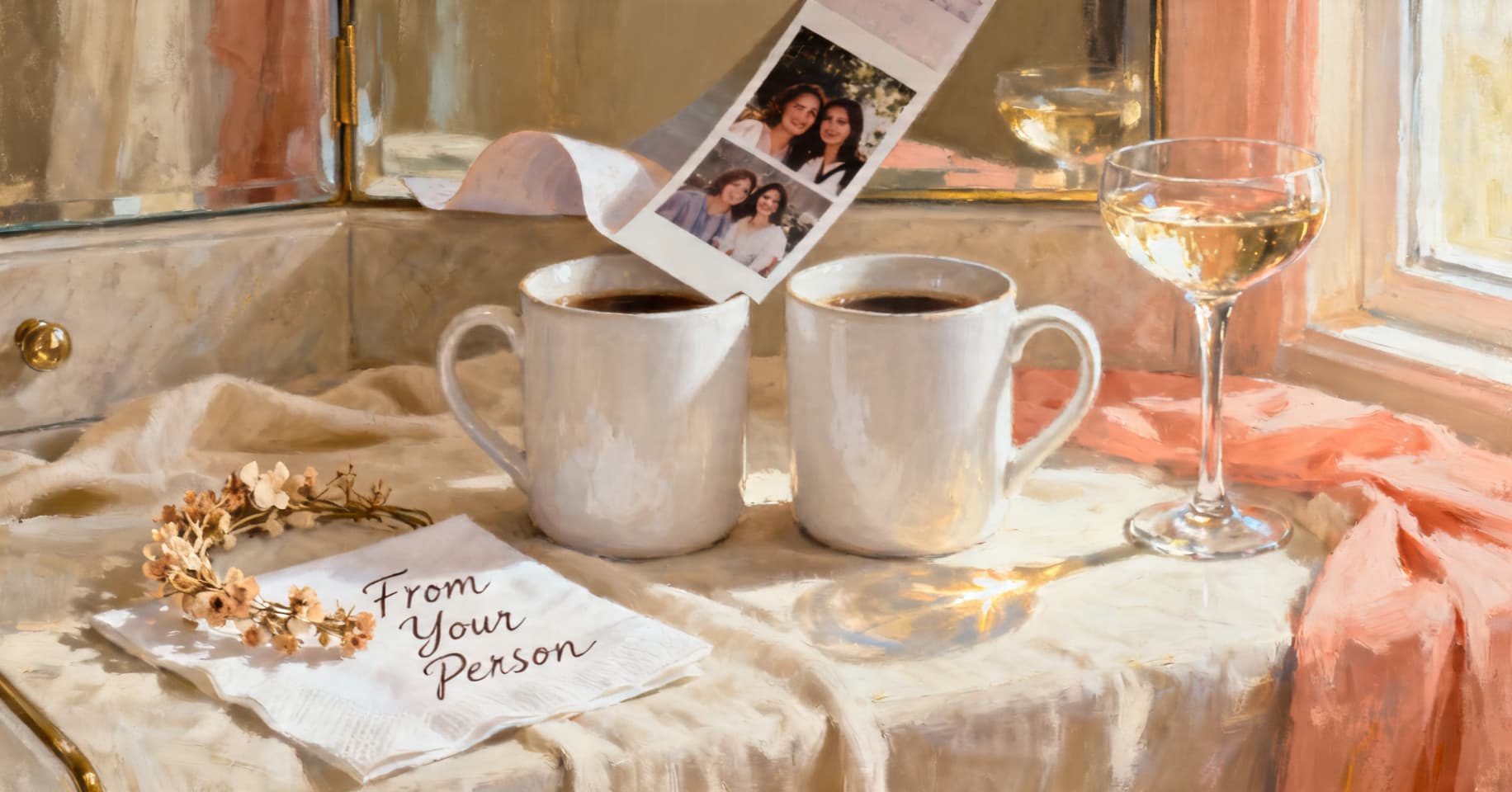 Still life of two matching coffee mugs, an instax photo strip, a handwritten napkin, a bridesmaid flower crown, and a champagne coupe on a linen vanity in warm morning light.