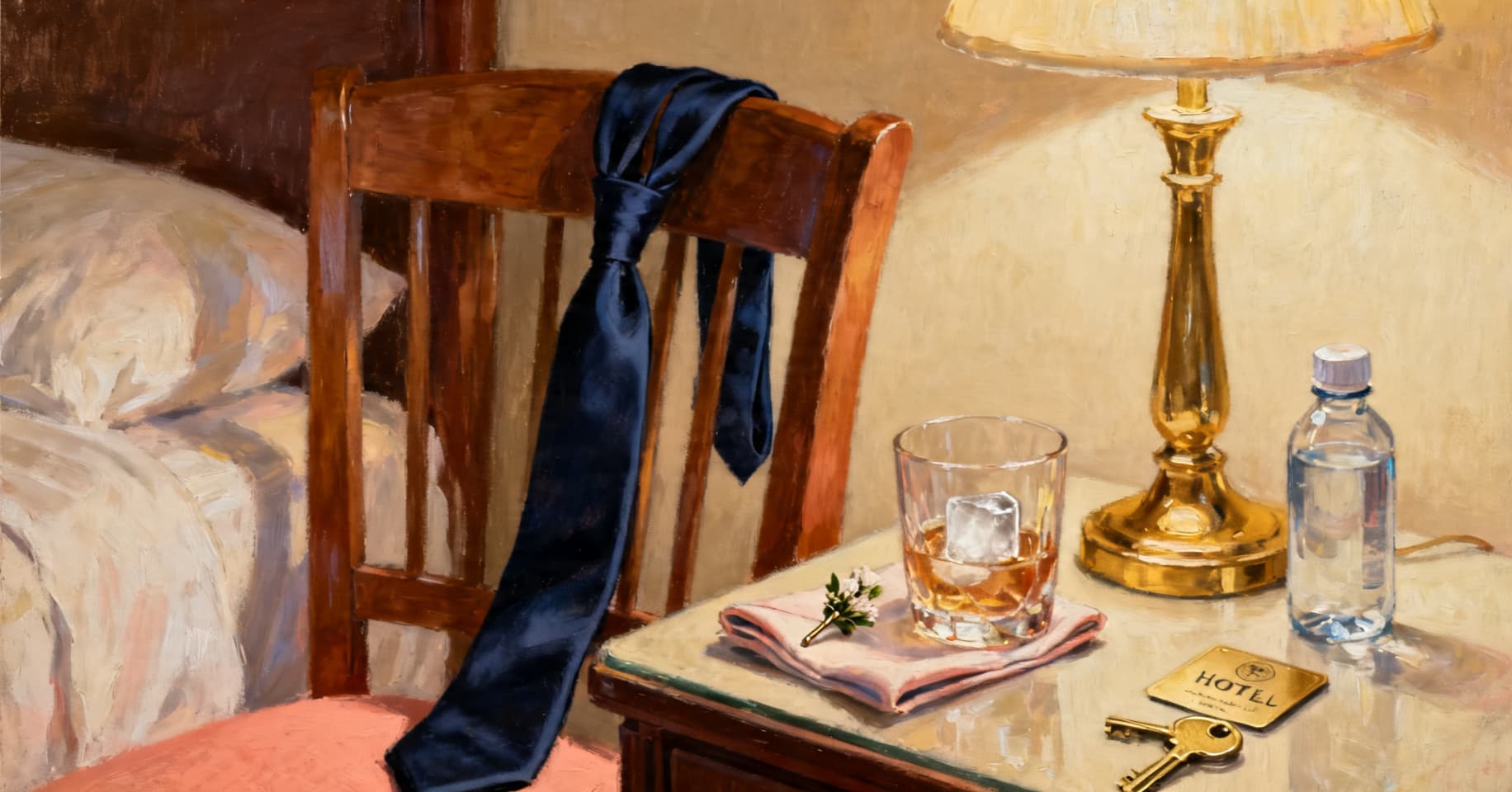 Painterly still life of a navy tie draped over a chair, a boutonnière pin on a pocket square, a rocks glass, a hotel key card, and a bottle of water on a dim-lit nightstand.