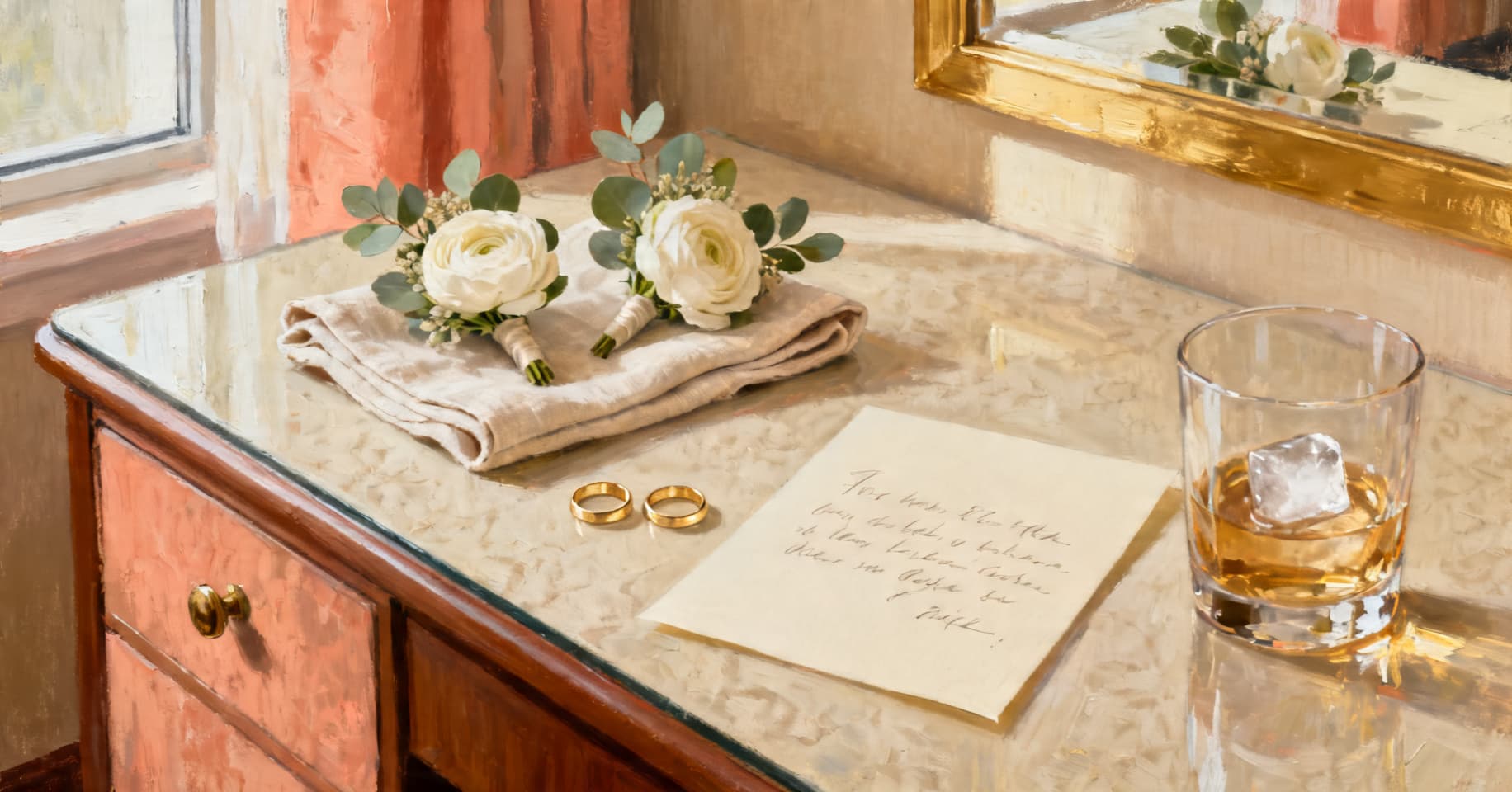 Painterly still life of two boutonnieres, a pair of gold wedding bands, a handwritten note on cream stationery, and a rocks glass on a groom's dresser in soft morning light.