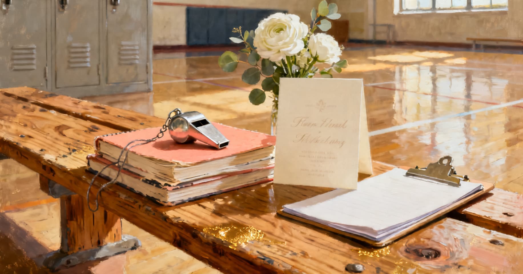 Painterly still life of a coach's whistle on a stack of playbooks, a cream wedding card, a small white bouquet, and a folded clipboard on a worn cedar bench.