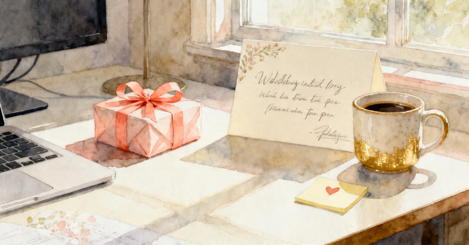 Painterly still life of a wrapped gift, a card from the team, and a coffee mug on a tidy office desk in soft morning light.