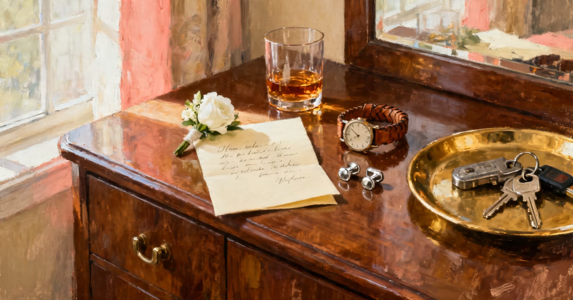 Painterly still life of a boutonnière, a handwritten note, a worn leather watch, silver cufflinks, a glass of bourbon, and truck keys on a walnut dresser in soft morning light.