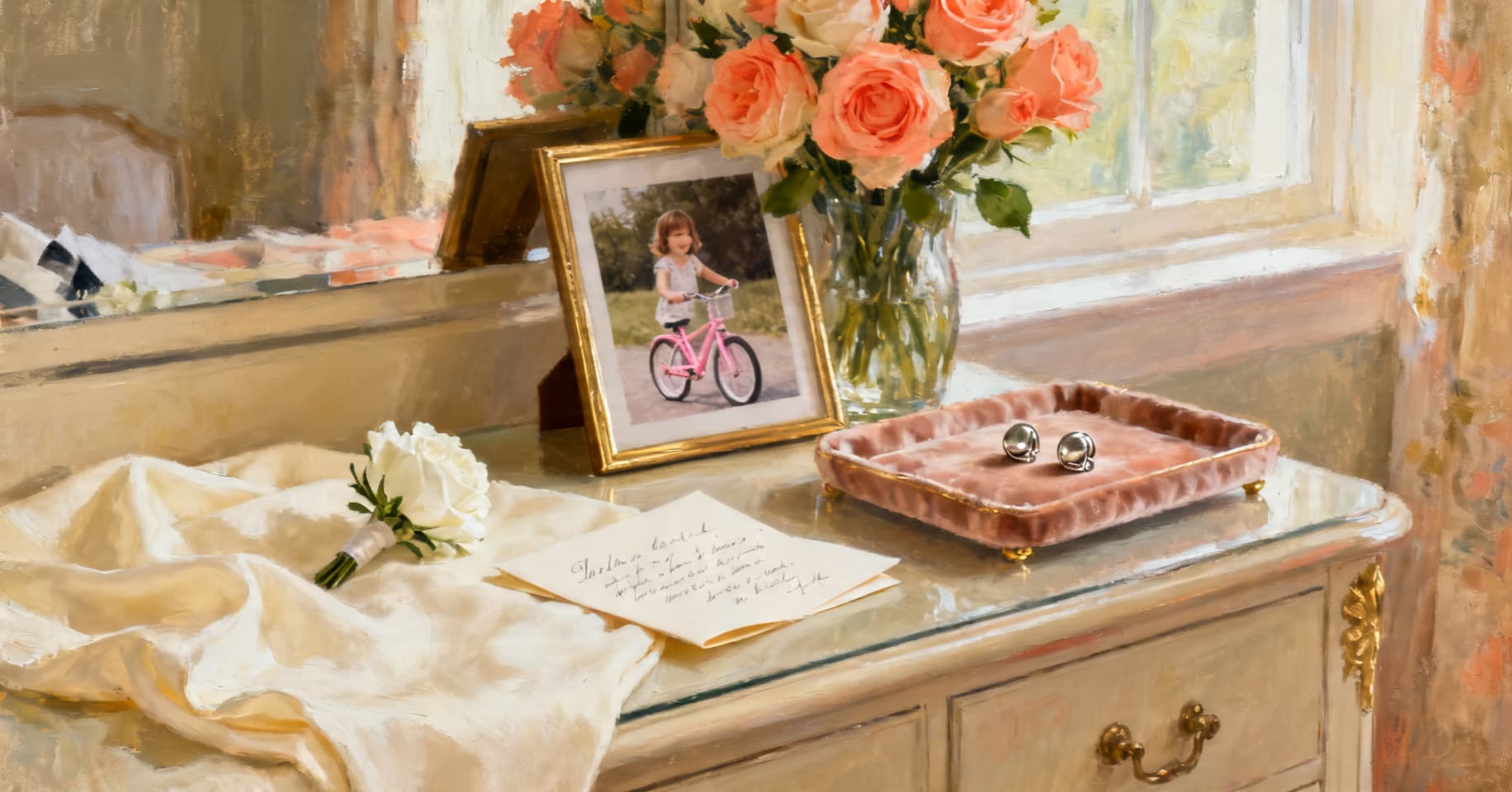 Painterly still life of a white boutonniere, a handwritten note, polished cufflinks, and a framed Polaroid of a little girl on a pink bike in soft morning light.