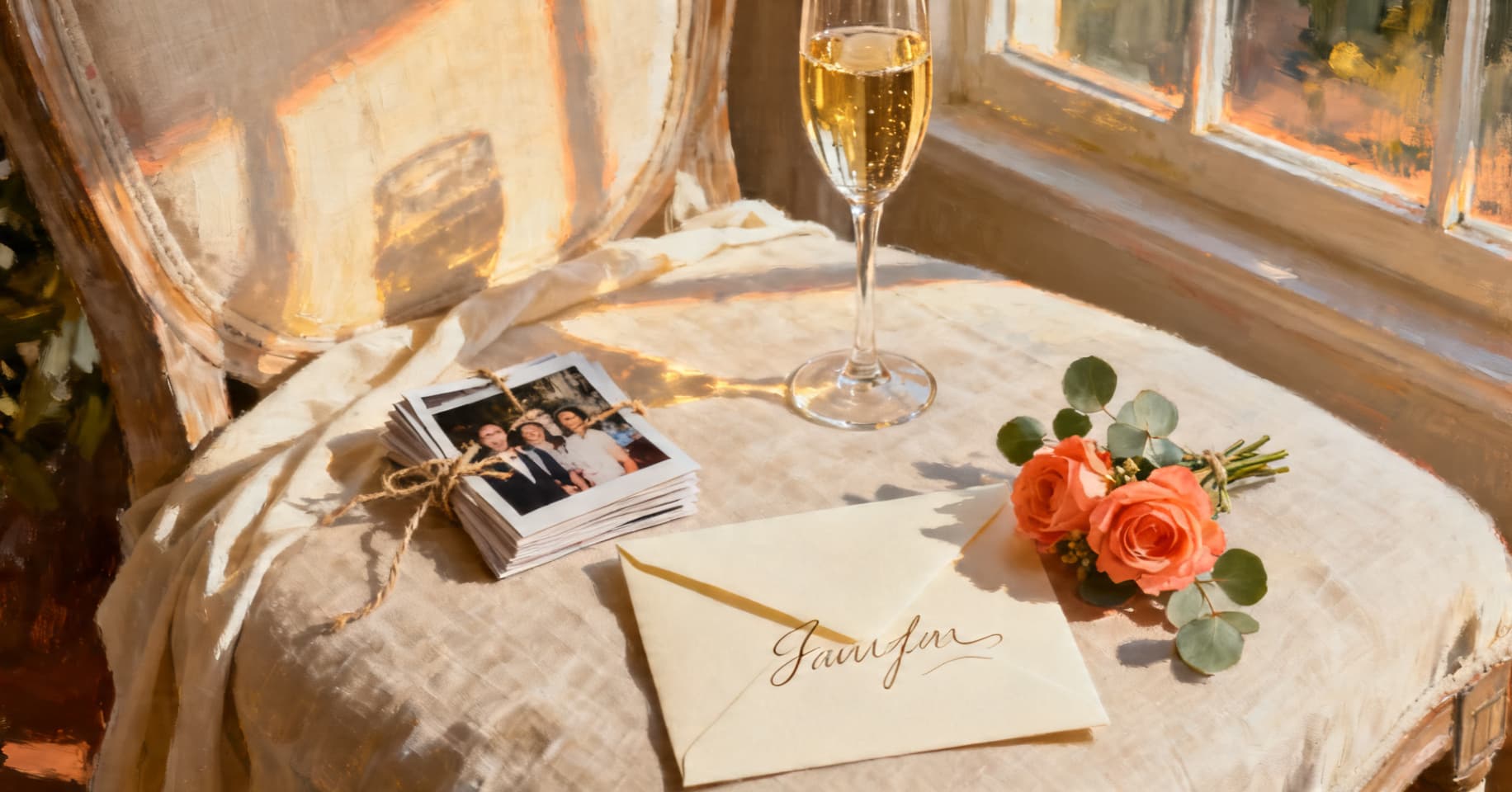 Painterly still life of a Polaroid stack tied with twine, a handwritten wedding card, a small coral posy, and a coupe of champagne on a linen reception table.