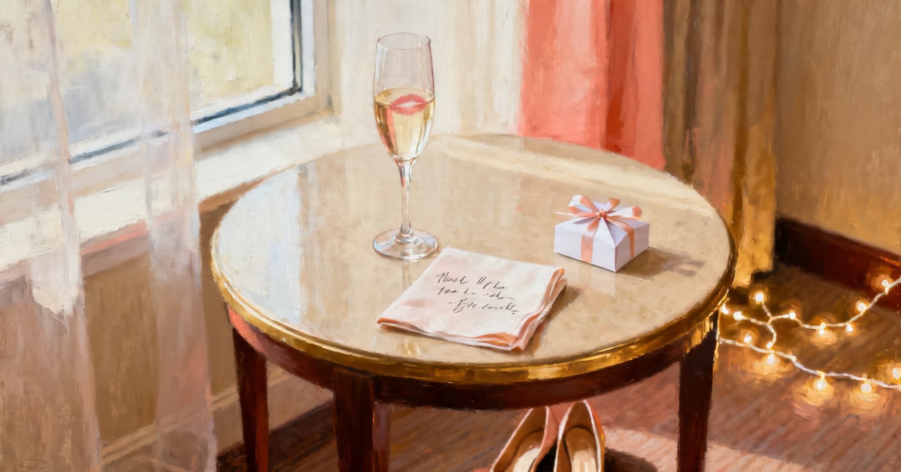 Painterly still life of a champagne flute with a lipstick mark, a folded note on a cocktail napkin, a paper wedding favor, and heels kicked off beside a hotel side table.