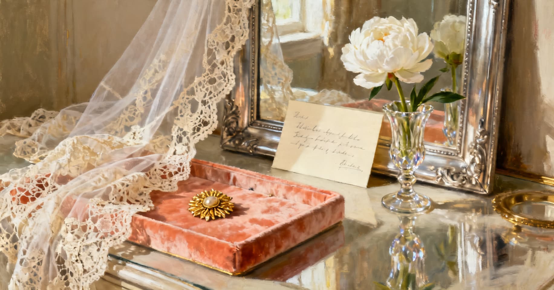 Painterly still life of a lace veil, a vintage gold brooch on a velvet tray, a handwritten note against an antique silver frame, and a white peony in soft morning light.