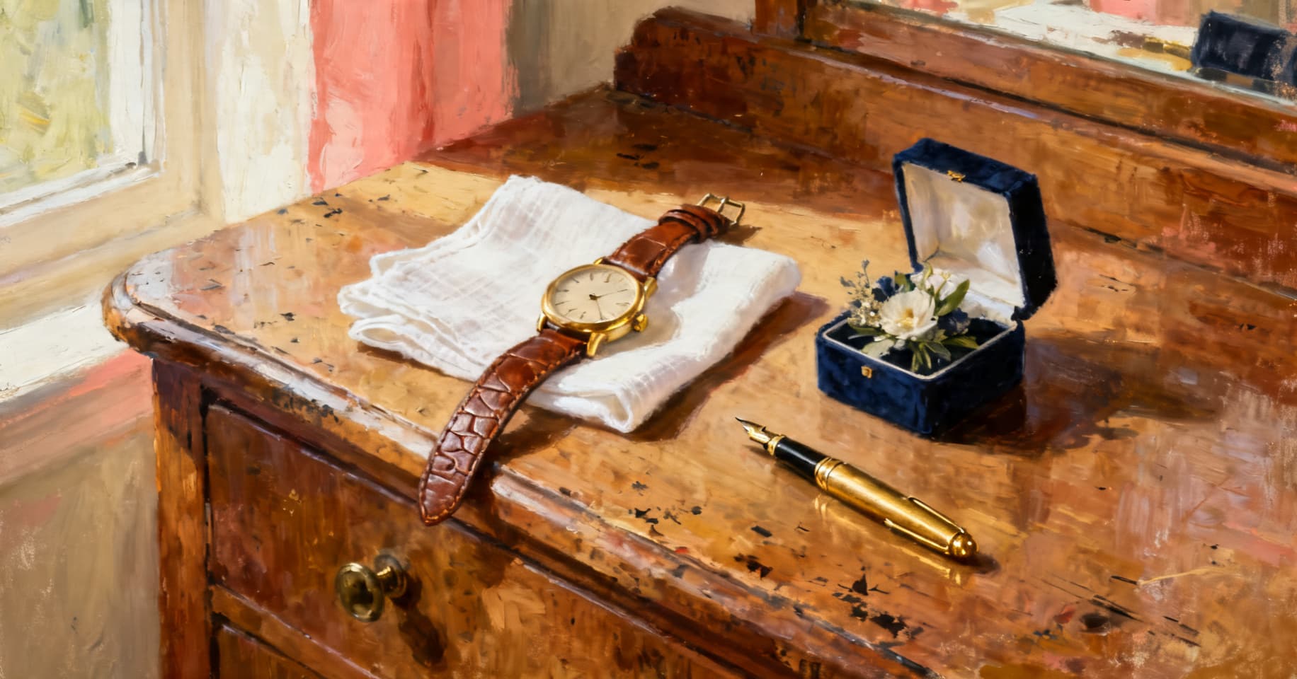 Painterly still life of an old leather wristwatch, a folded white handkerchief, a brass fountain pen, and a small boutonniere box on a worn oak dresser in soft morning light.