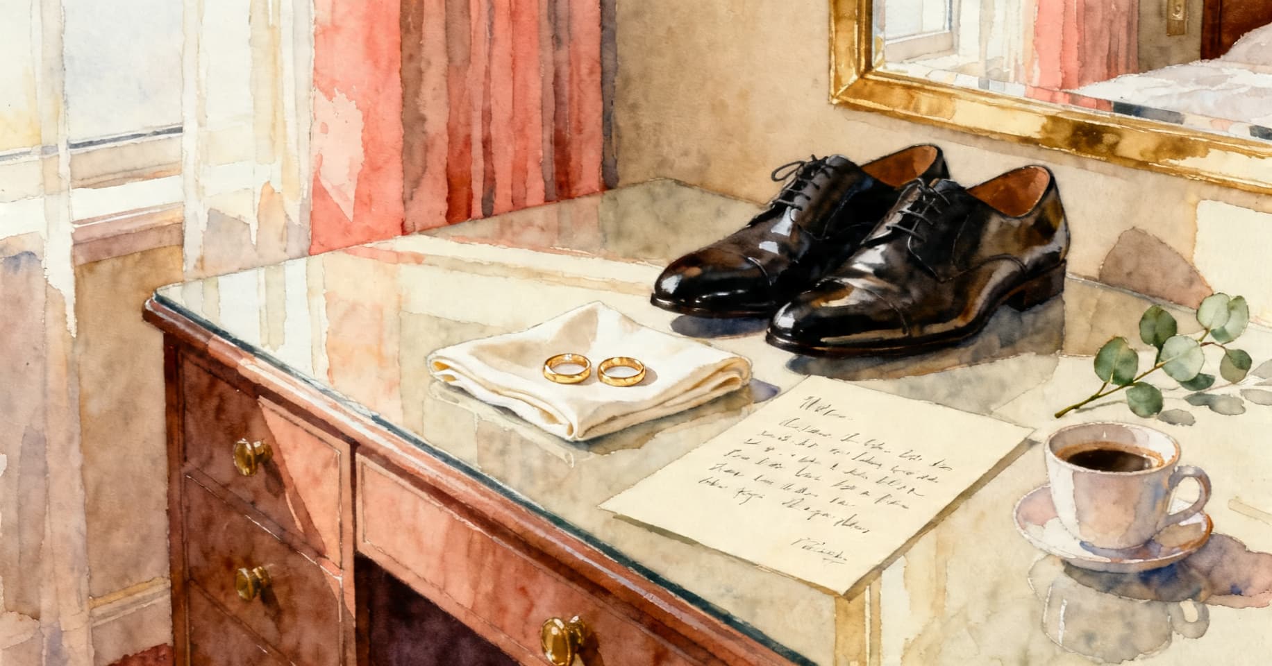 Painterly still life of two plain gold wedding bands on a folded pocket square beside dress shoes, a handwritten note, a coffee cup, and a sprig of eucalyptus in soft morning light.