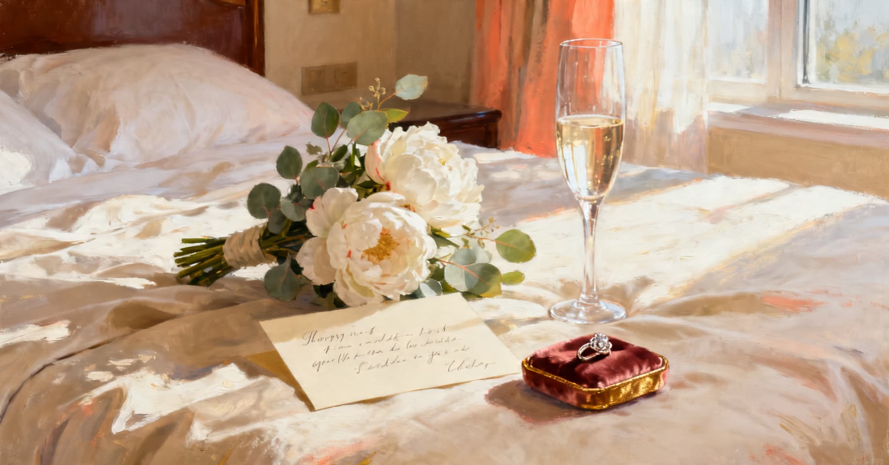 Painterly still life of a bridal bouquet, a handwritten note on cream stationery, an heirloom ring on a velvet dish, and a champagne flute in soft morning light.