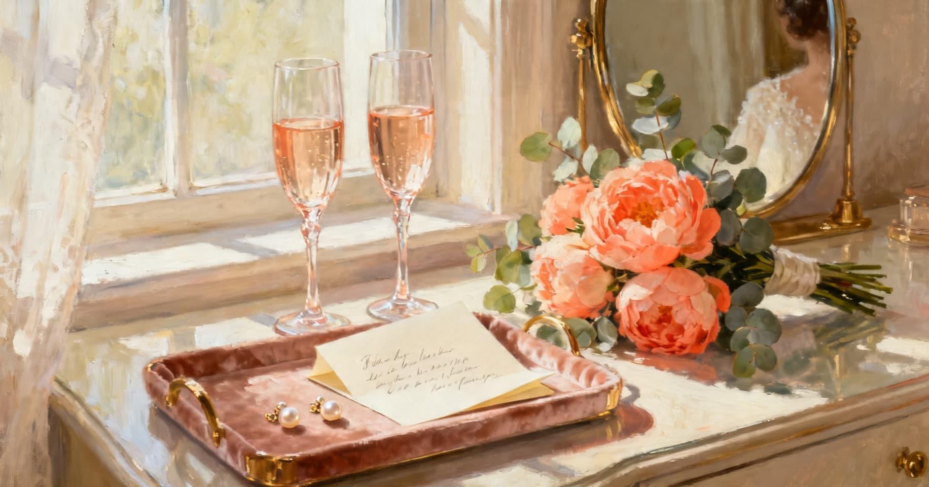 Painterly still life of two champagne flutes, a blush peony bouquet, a handwritten note on cream stationery, and pearl earrings on a velvet tray in soft morning light.