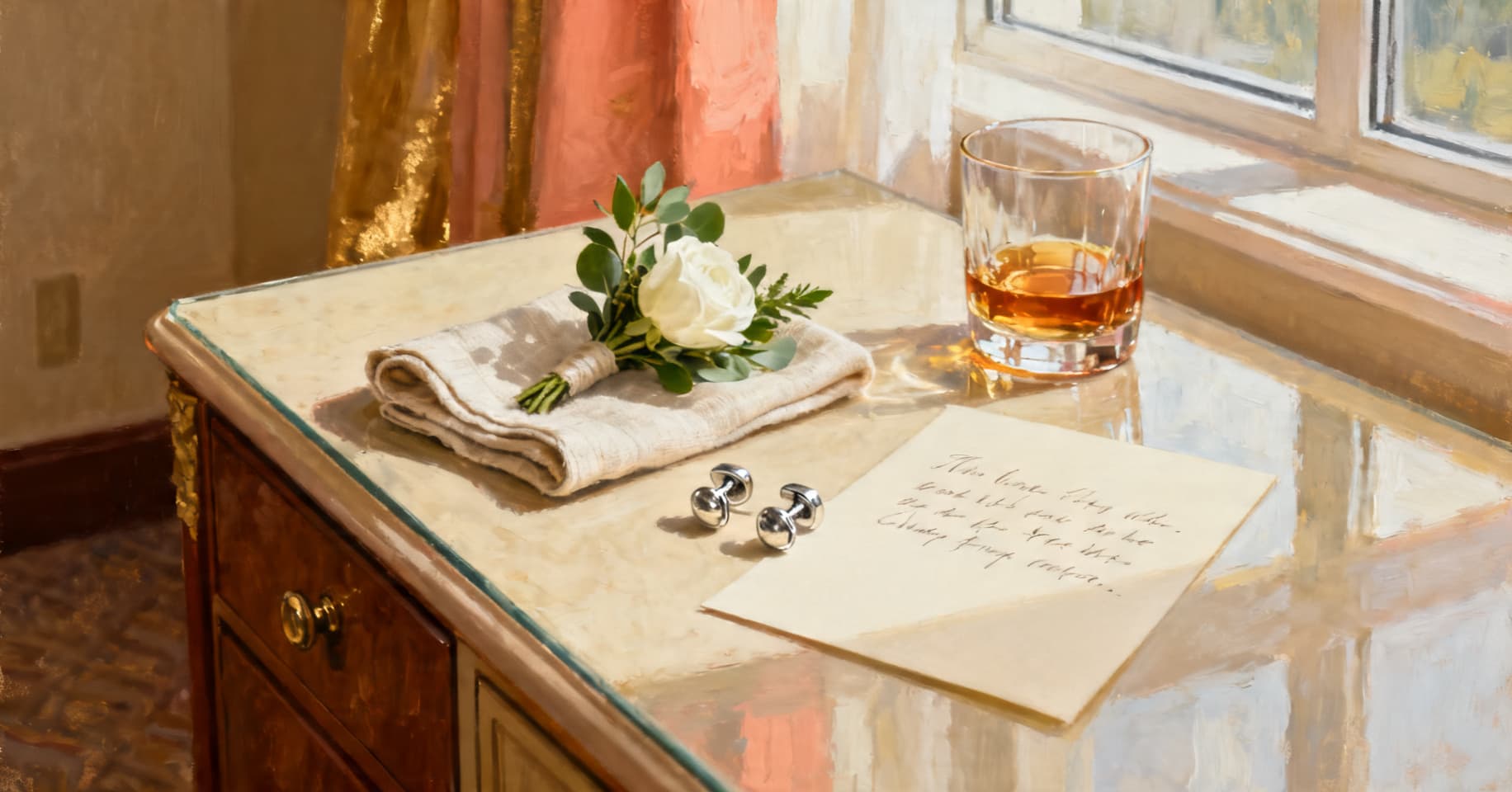 Painterly still life of a boutonniere on a linen pocket square, silver cufflinks, a handwritten note, and a tumbler of whiskey in soft morning light.