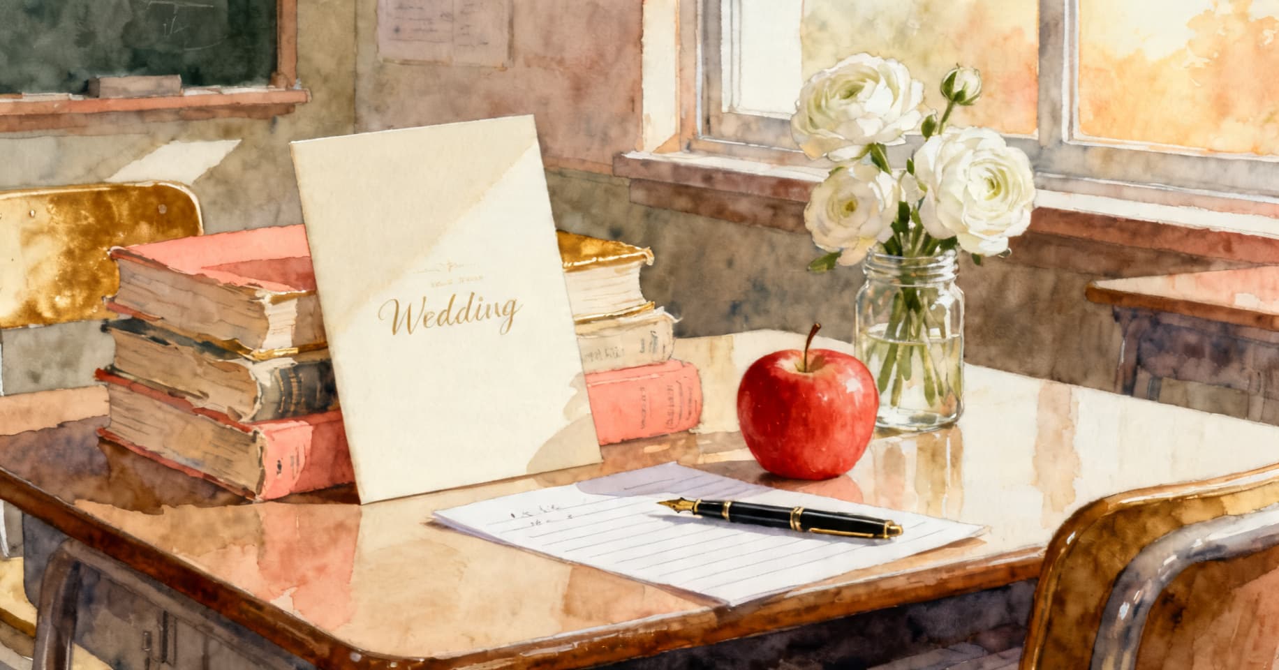 Painterly still life of a wedding card on a stack of paperback novels, a red apple, a fountain pen on lined paper, and a small bouquet on a teacher's desk.