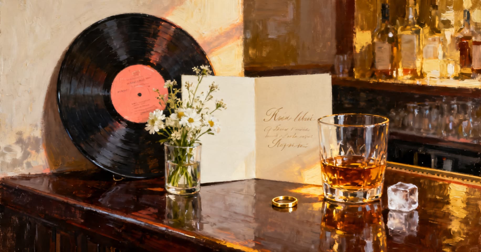 Painterly still life of a vinyl record, a small bouquet, an open wedding card, and a lowball of scotch on a dark wood bar in warm golden light.